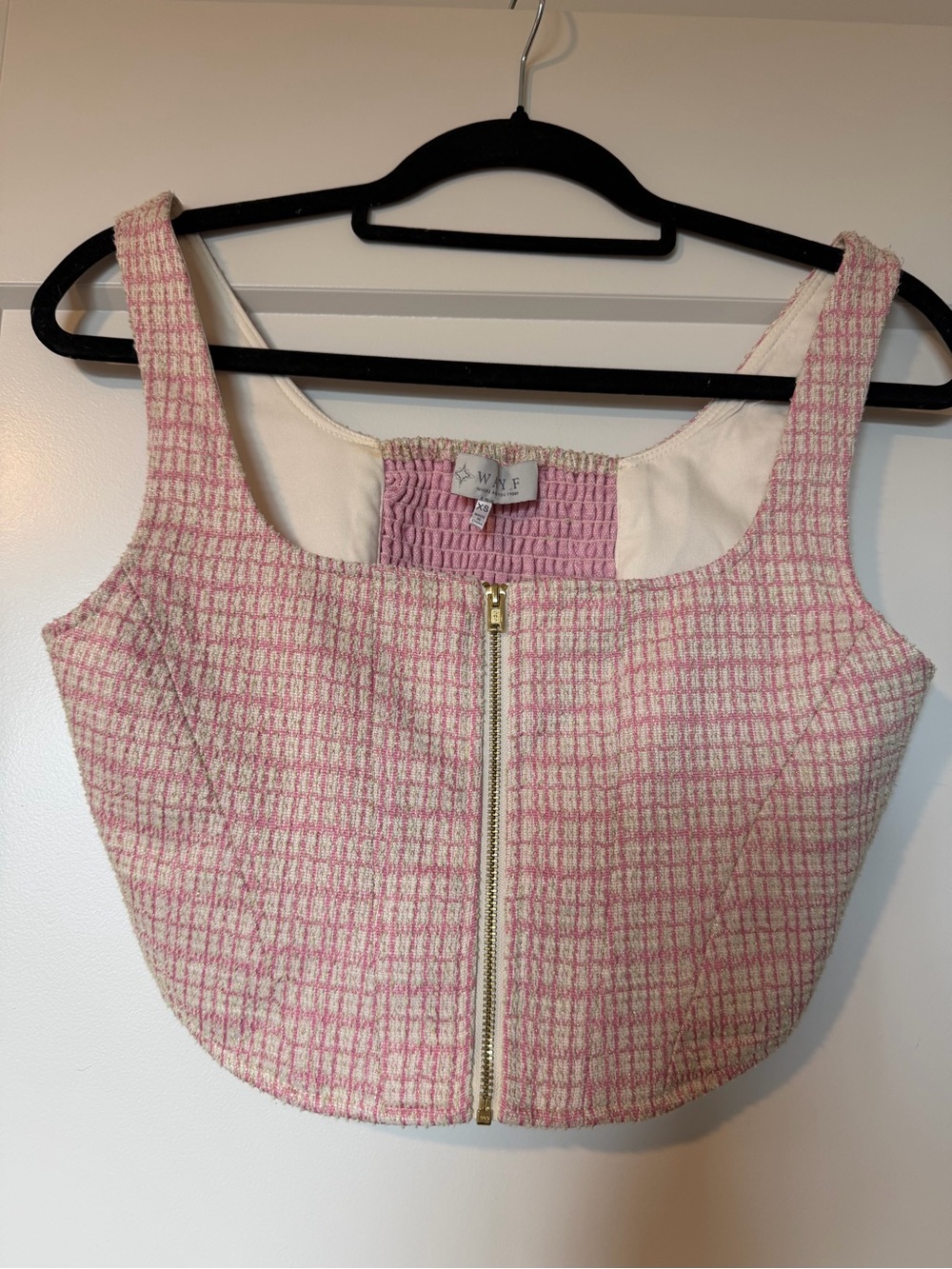Wayf Pink Tweed Front-Zip Crop Top
